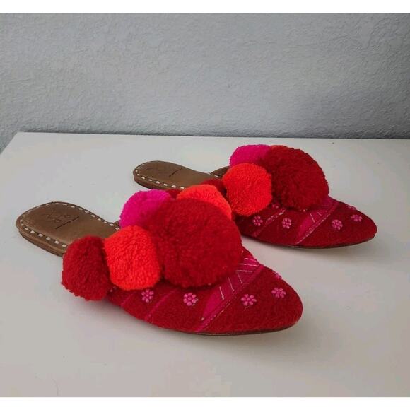 Anthropologie Figue Pom Pom Ethnic Beaded Embroidered Flat mules Women's Size 8